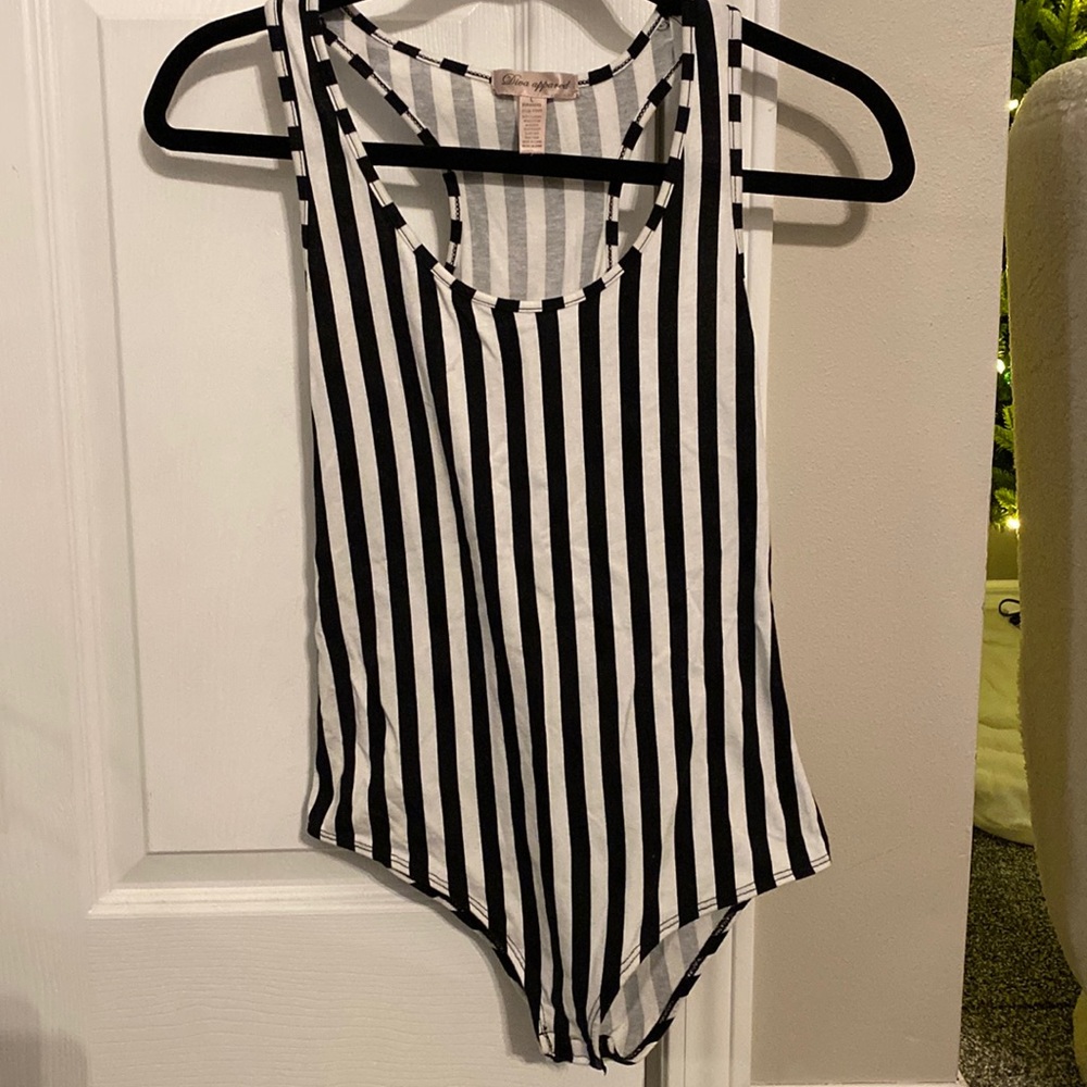 Pin striped body suit, never worn, stretchy material, size large